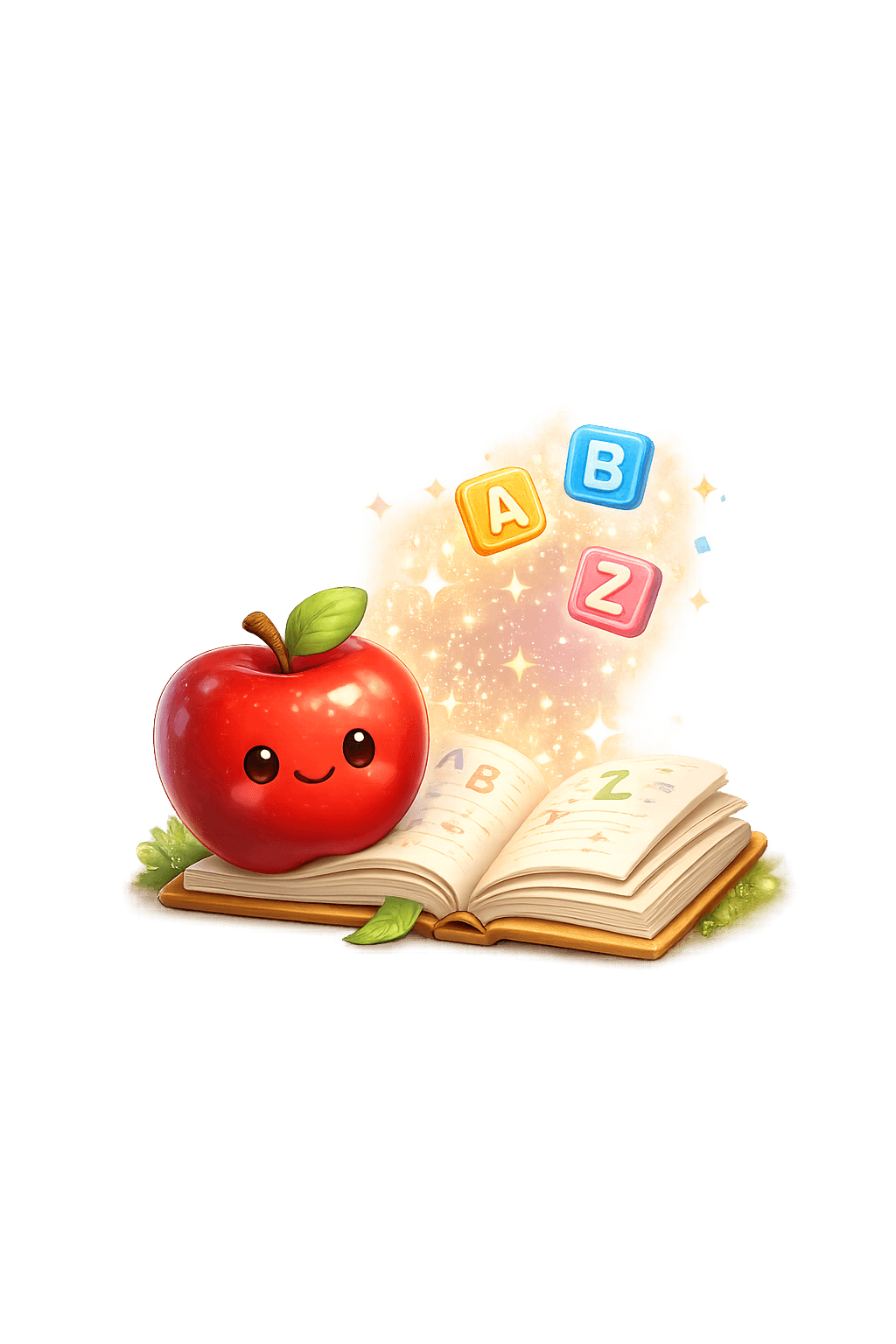 A smiling red apple sitting on an open storybook, with glowing letter blocks floating above it