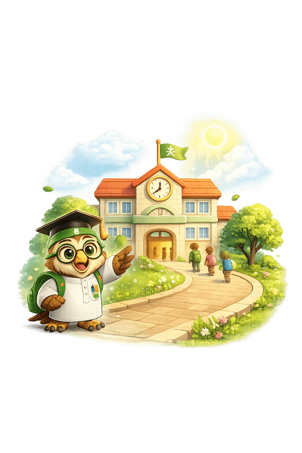 The graduate owl mascot waving in front of a yellow schoolhouse with a clock tower