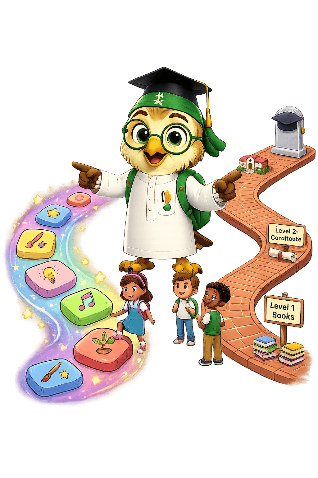 Owl teacher welcoming three children between a rainbow stepping-stone path and a brick stairway of curriculum levels
