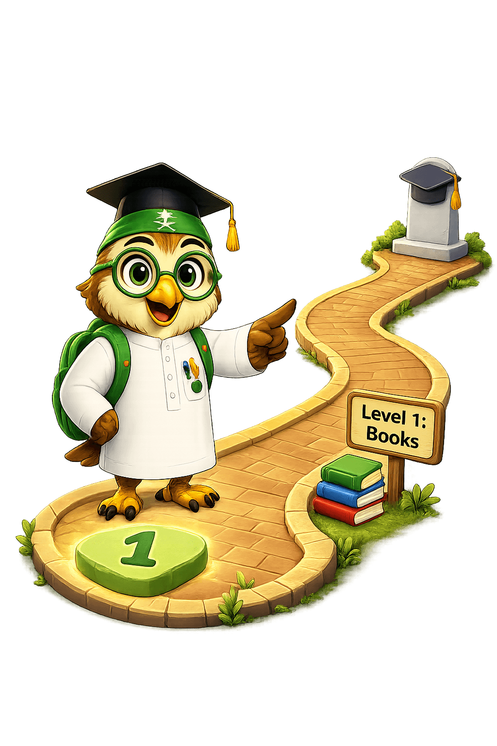 Owl teacher in a graduation cap pointing along a winding brick path past a Level 1 books signpost
