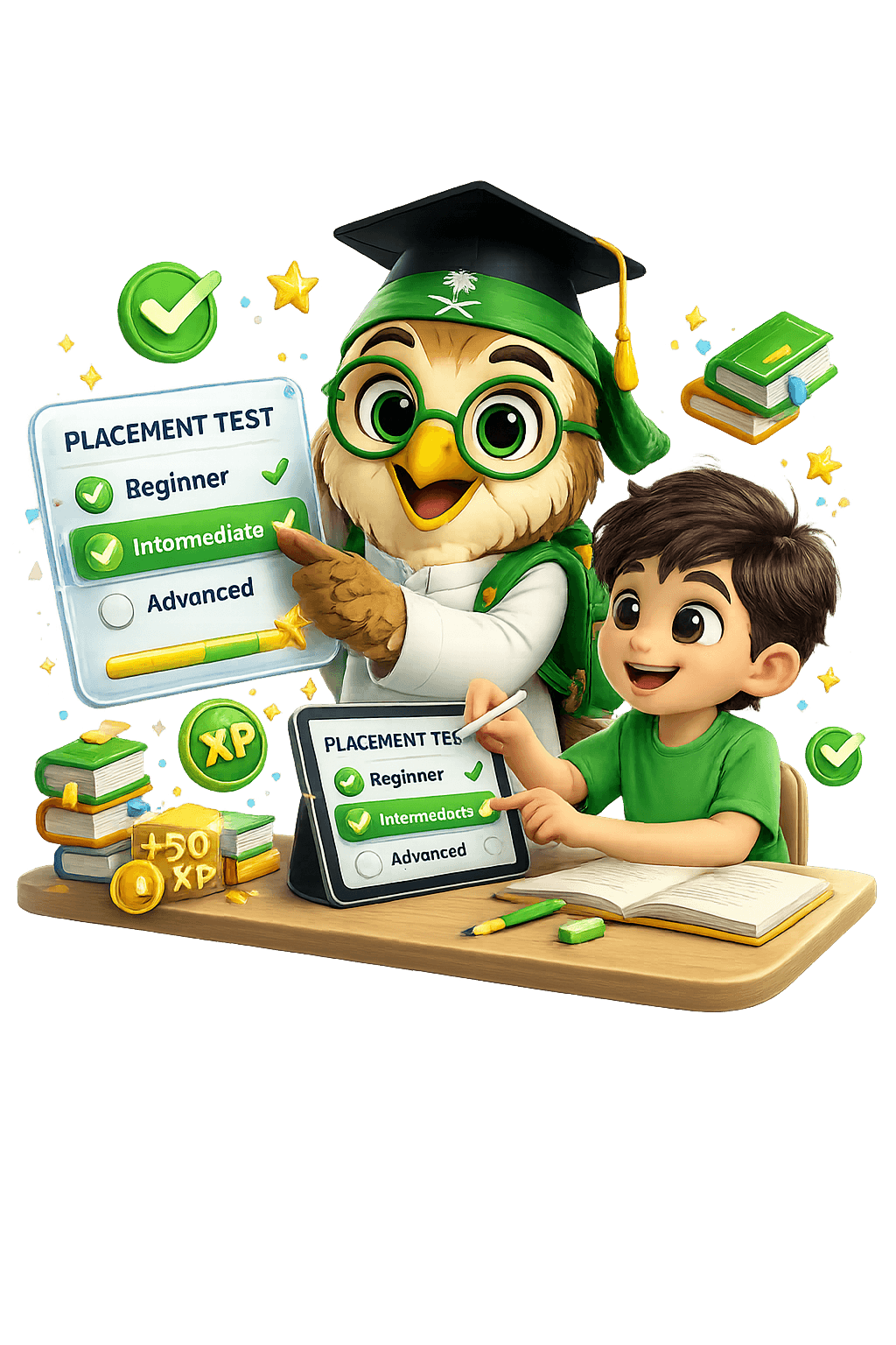Owl mascot in a graduation cap pointing at a placement test checklist while a boy answers it on a tablet
